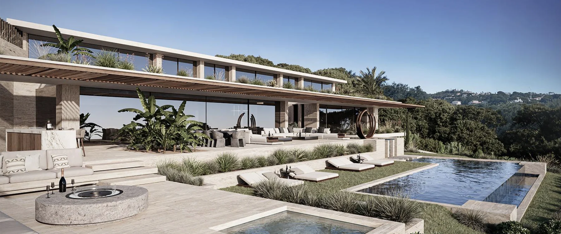 Villa contemporaine, terrasse et piscine entourées de végétation