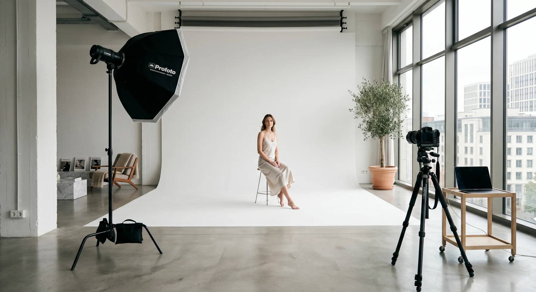 Espace de prise de vue lumineux avec fond et éclairage de studio
